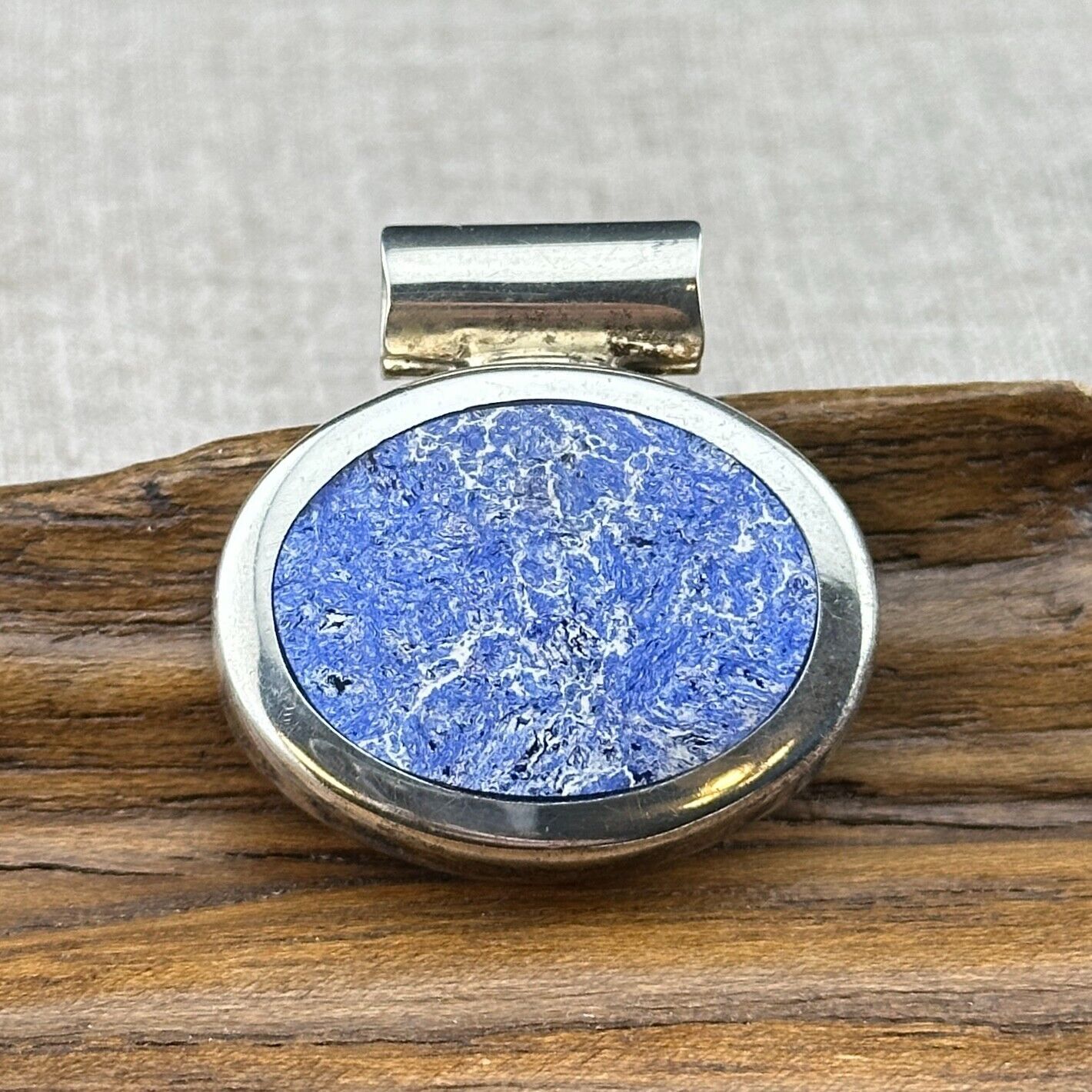 Vintage Mexico Ati Unique Natural Blue Stone 925 Silver Oval Pendant 124 G 69$
